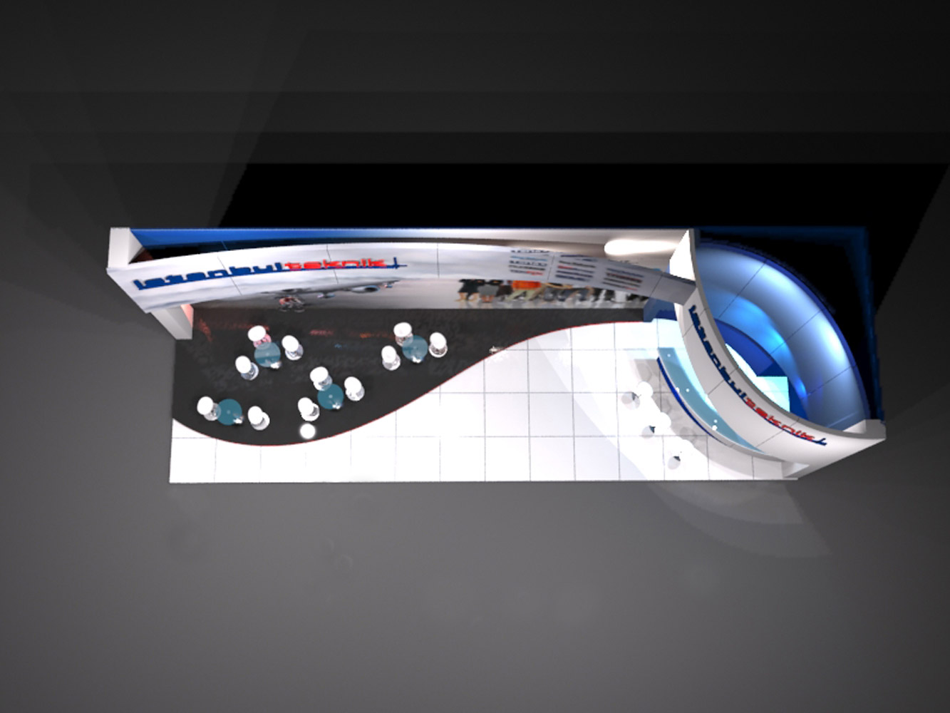 Top view of a white Exhibition Booth Design in 3D