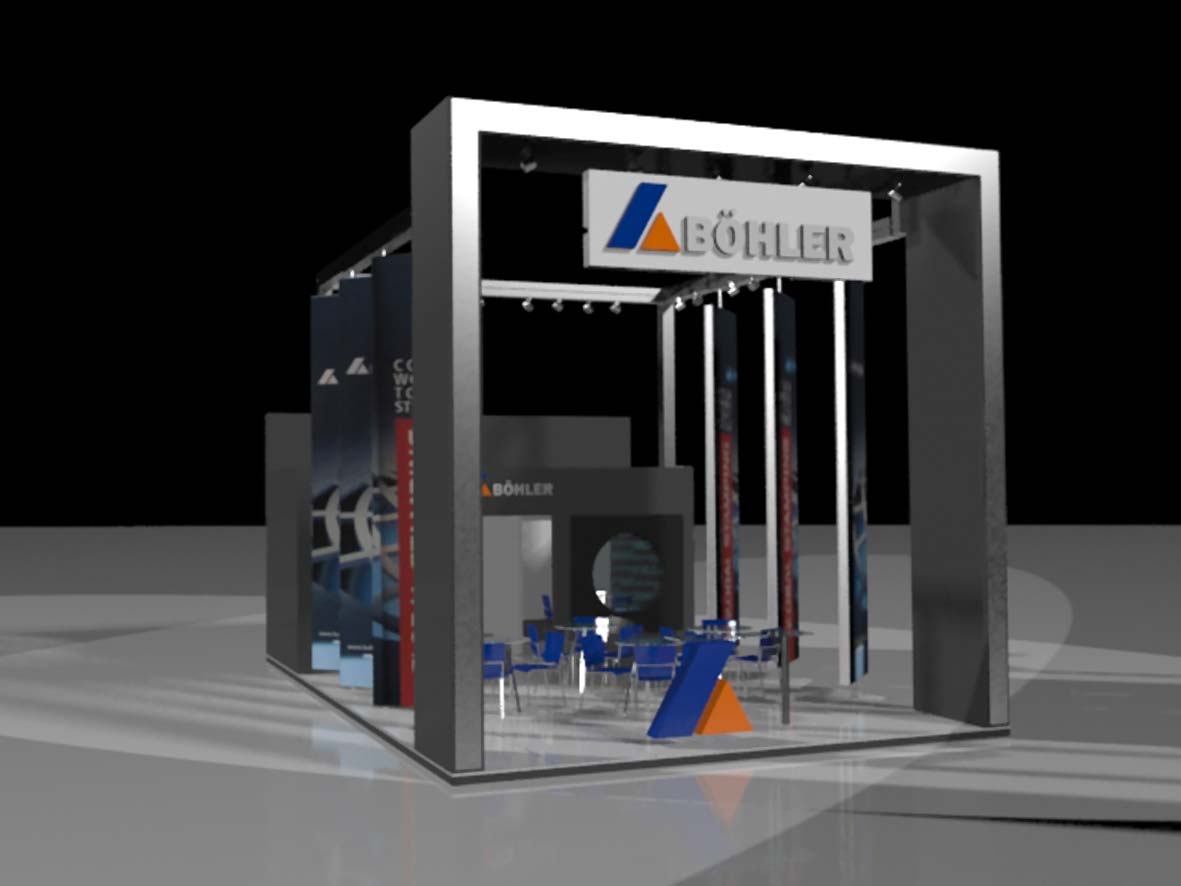3D Trade Stand Design for Bohler in aluminum colour.