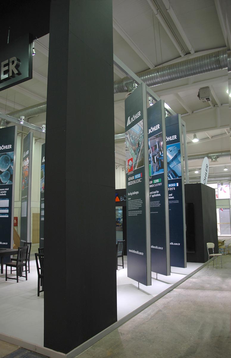 Large and tall banners in a black Exhibition Booth