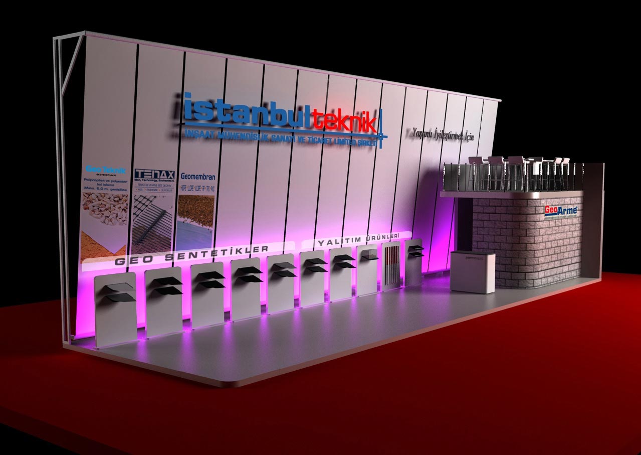 3D design of a white Exhibition Stand with purple led lights and displaying Istanbul Teknik Sign