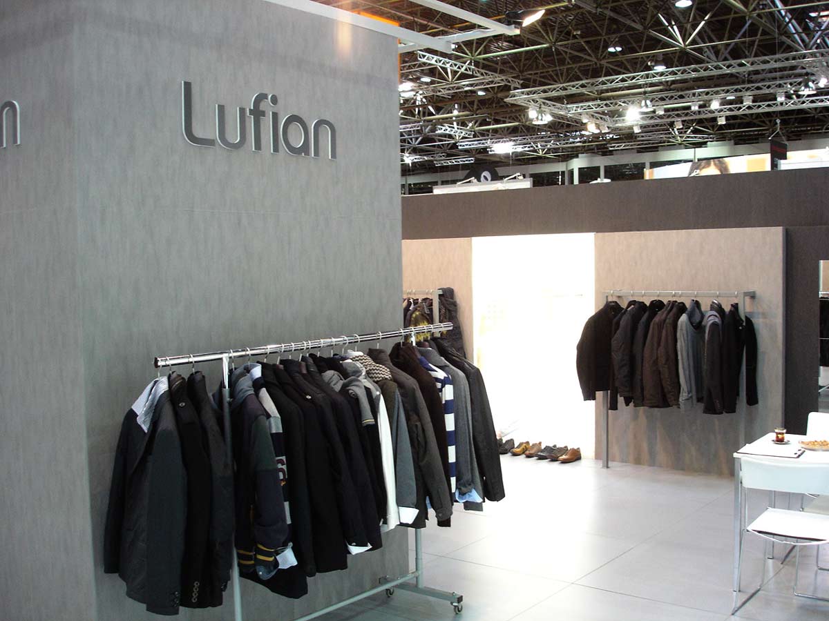jackets displayed on a showroom in a trade stand