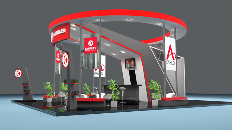 3D Render of a Bespoke Trade Stand Design in red and grey.