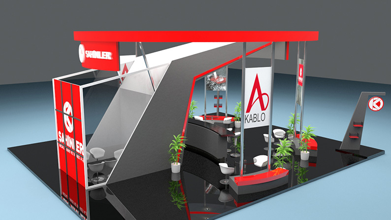 3D Render of a Bespoke Trade Stand Design in red and grey.