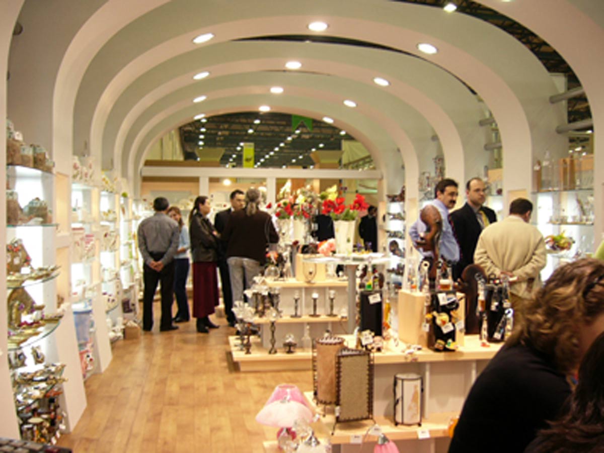 Inside of showroom Exhibition Stand showing accessory products to people