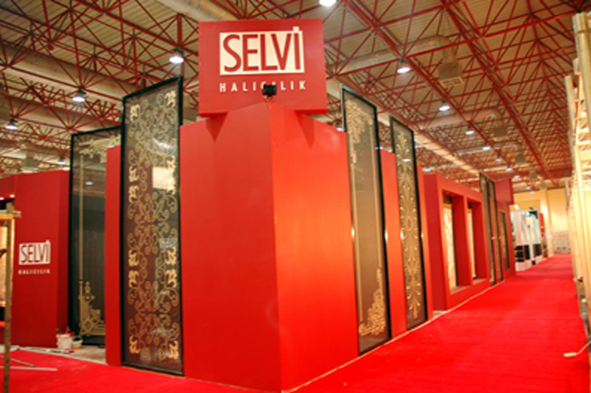 A red Trade stand in an exhibition Hall