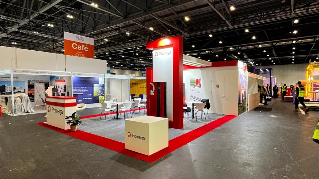 Red and white Exhibition stand in Excel London